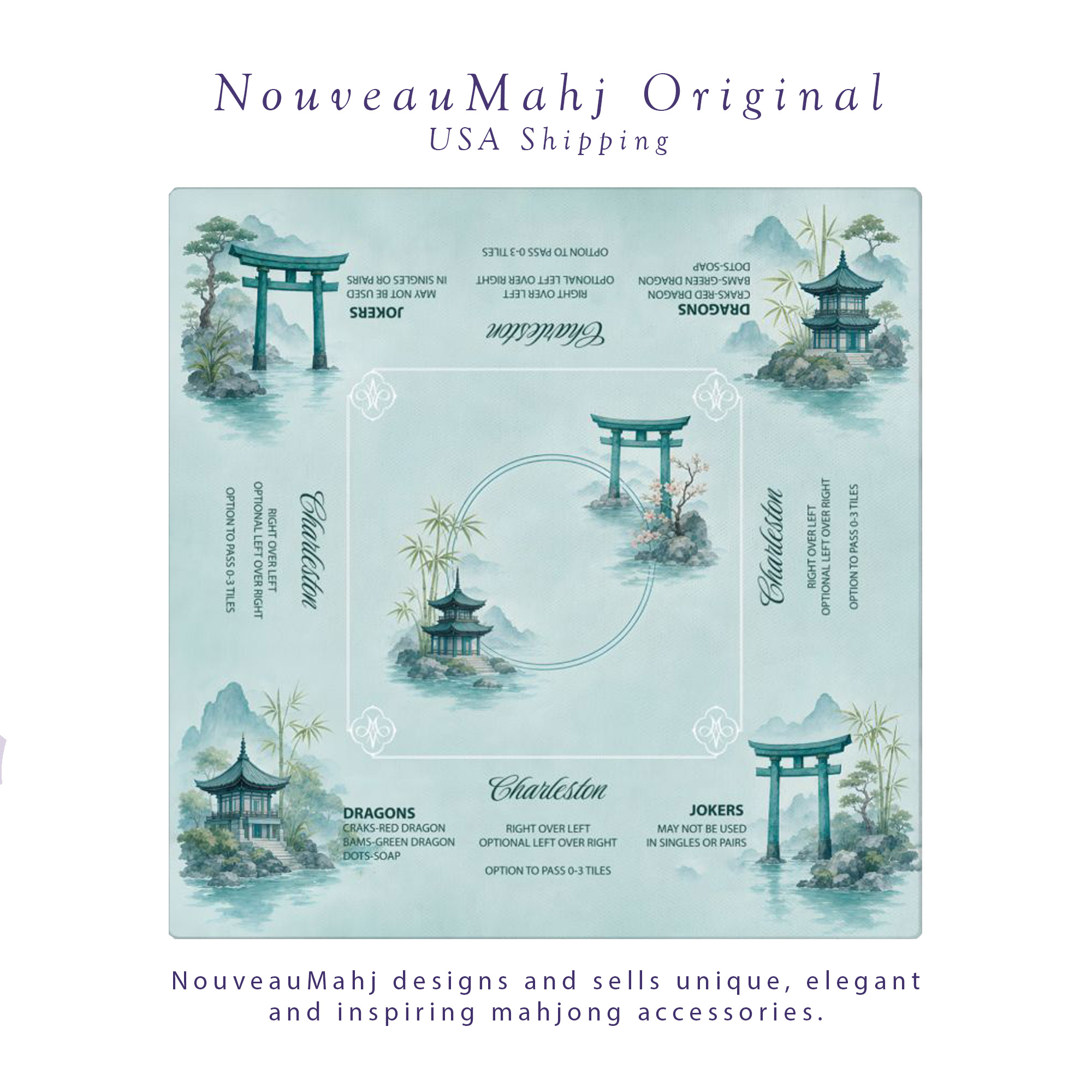 Turquoise Tori & Pagodas Mahjong Mat